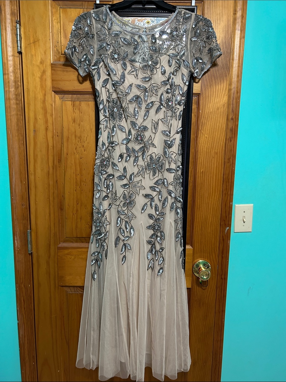 Adrianna Papell Nude Maxi Dress with Silver Beading